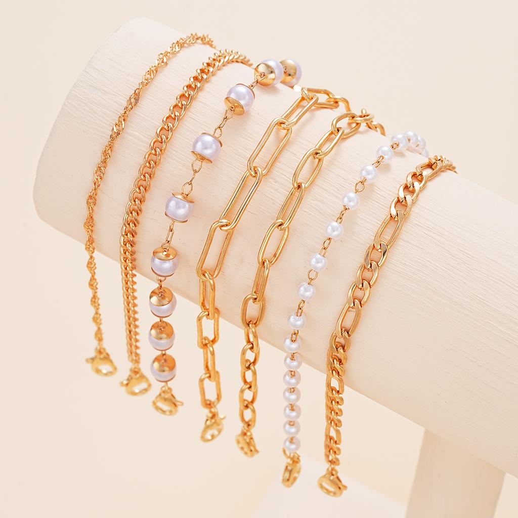 7Pcs/Set Bohemian Bracelet For Women Punk Style Cold Color Pearl Metal Multi-layer Hollow Twisting Snake Chain Simple Jewelry