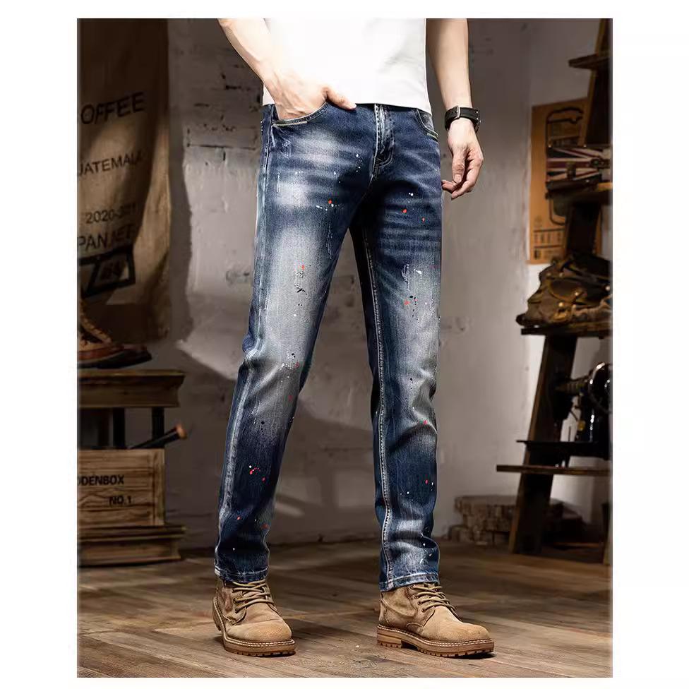 2024 Autumn And Winter New Men'S High-End Jeans Retro Splashed Paint Men'S Pants Trendy Straight Tube Simple Pants