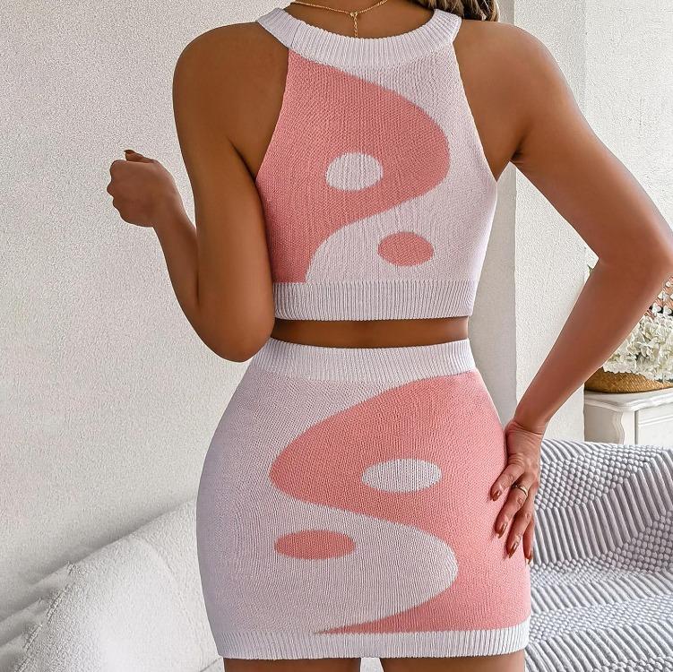 Half Collar Pullover Sweater Suit Women Sleeveless Knit Two Piece Set Multicolor Skirts