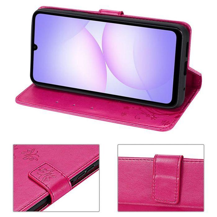 Protective Case - BOOLING - Samsung Galaxy A07 - PU Leather Fuchsia Flower Pattern - 2 Tempered Glasses