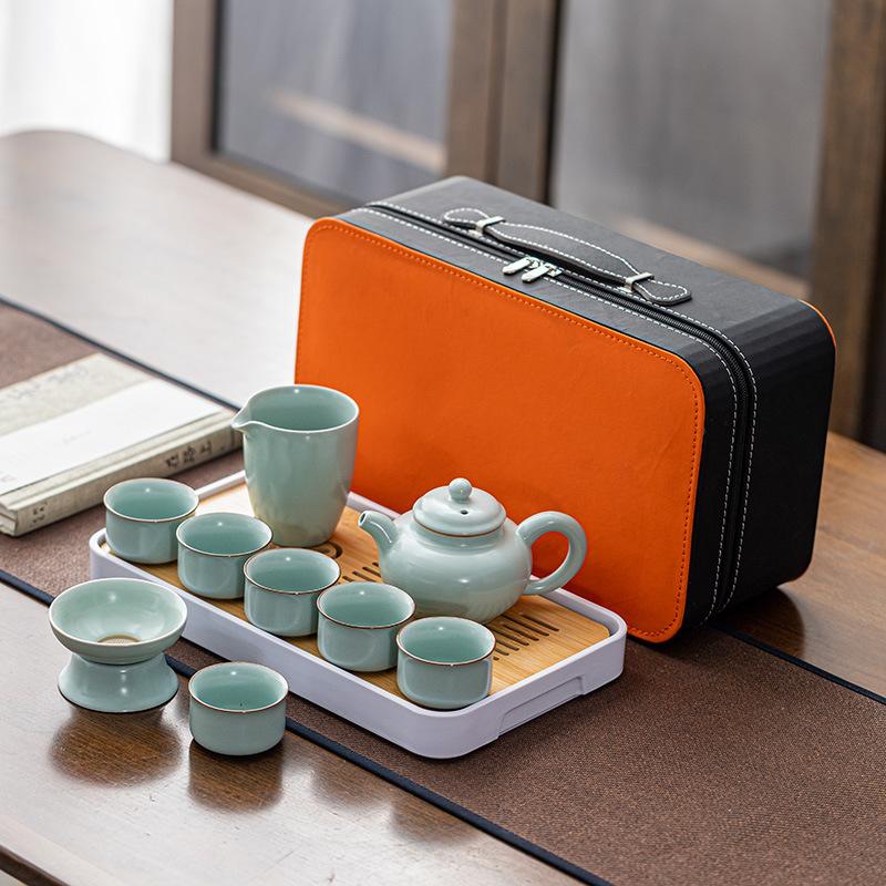 Ceramic Ru kiln cover bowl teapot azure travel tea set tea tray portable bag tea cup set activity gift