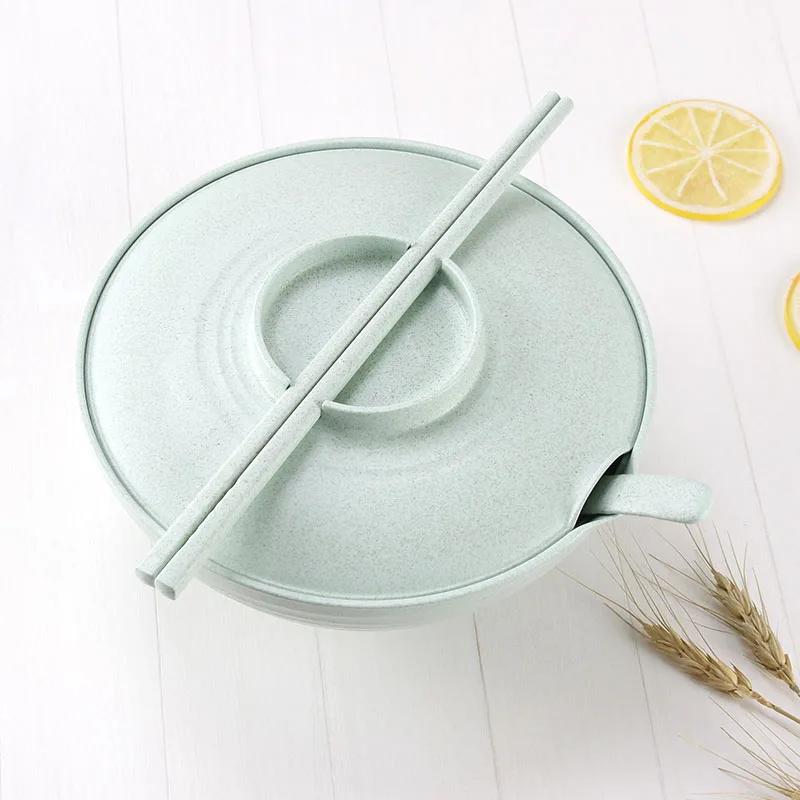 

3pcs Wheat Straw Bowl Instant Noodles Bowl Household Bowls Spoons Chopsticks Set With Lid Kitchen Tableware for Instant Food