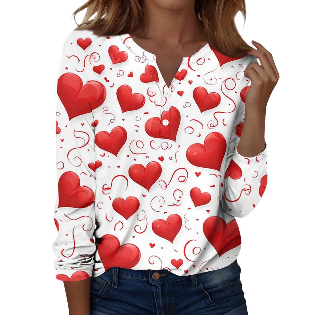 Damen T-Shirt mit Weihnachtsdruck, Knopfleiste, lange Ärmel, für den Alltag, Wochenende, modisch, Basic, V-Ausschnitt, normales Oberteil