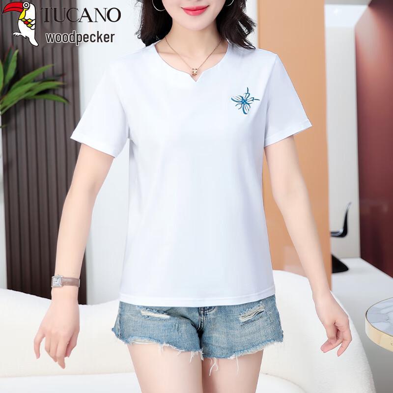 

Woodpecker Women s Plus Size Embroidered V-Neck Cotton T-Shirt L (95-110 Jin)