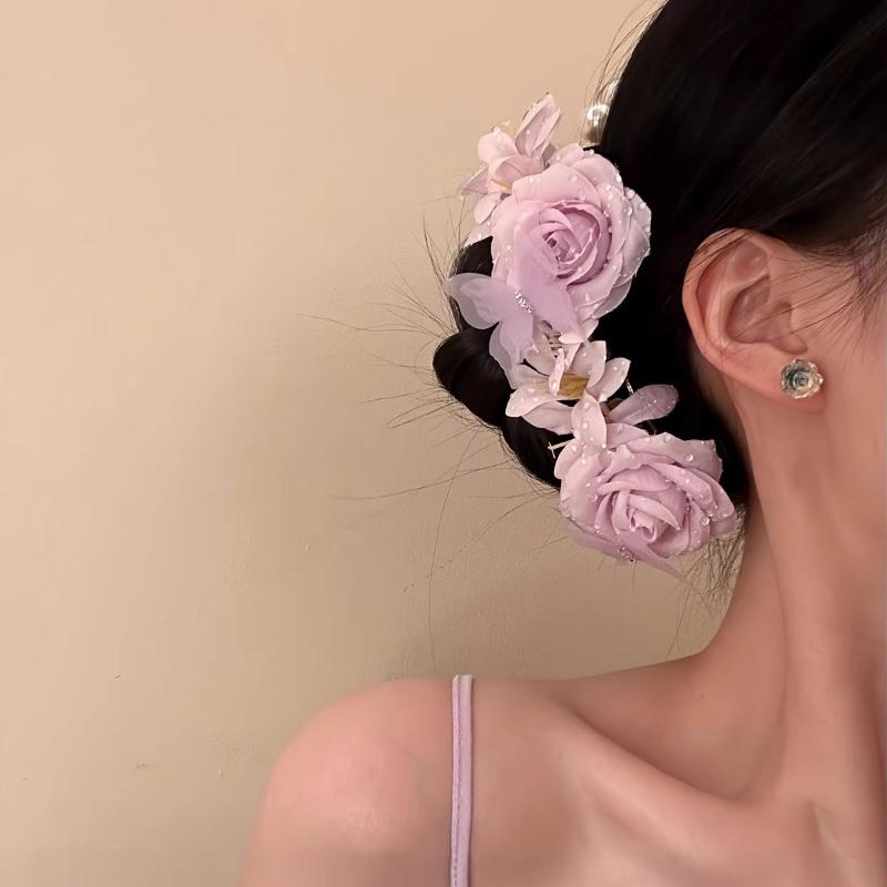 1Pcs Elegant Floral Hair Claw Clips For Women Spring Summer Rose Butterfly Hair Clips Beach Vacation Hairpin Hair Accessory
