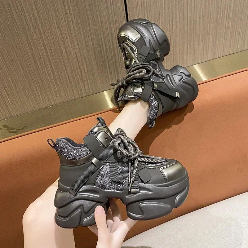 Neue Damen Winter Warme Klobige Sneaker Schuhe mit Dickem Boden High Platform Vulkanisierte Schuhe Herbst Bling Lässig Sportliche Dad-Schuhe 8CM