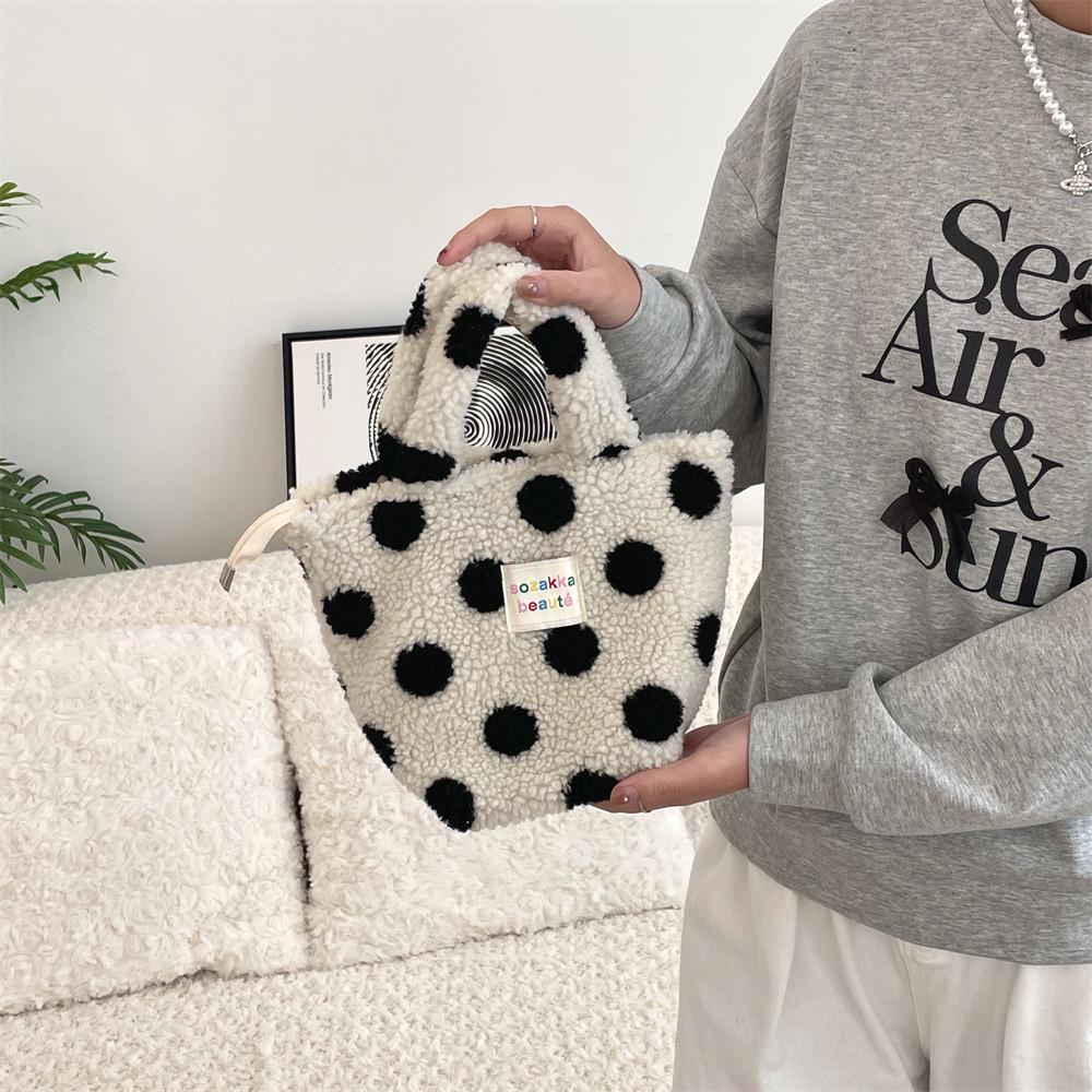 Stylish Plush Tote Bag For Women With Chic Polka Dot Design Perfect For Work And Leisure