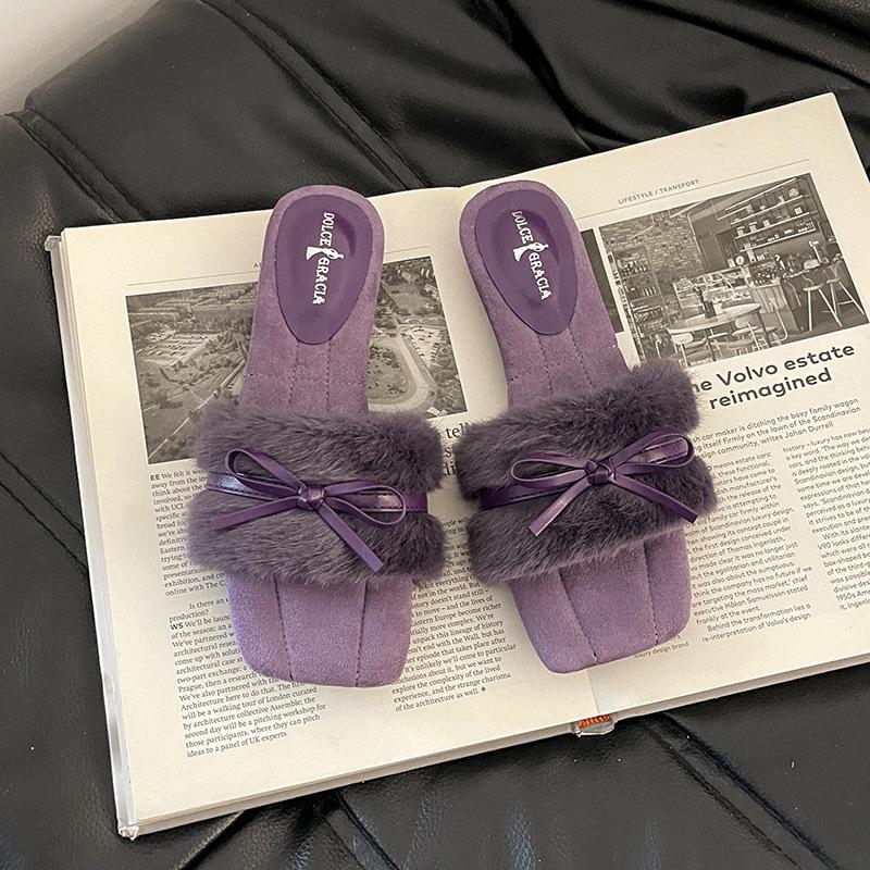 Autumn and winter fashion retro bow wedge heel fluffy slippers simple word casual outer wear women's cotton mop