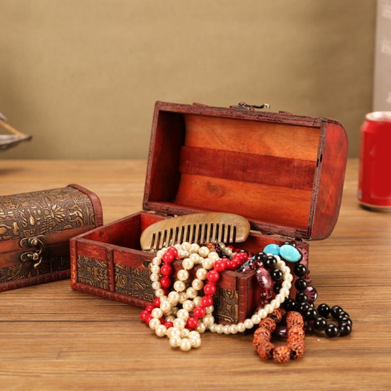 Vintage Wooden Treasures Chest Decorative Keepsakes Storage Container with Lock Antique Jewelry Organiser for Women