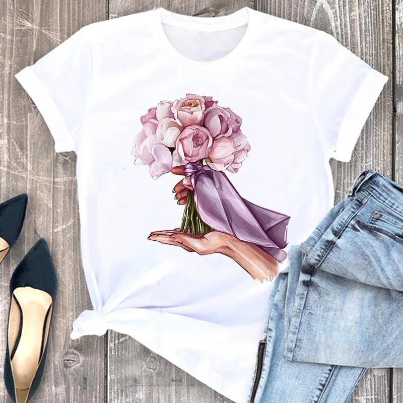 Fashion Flower Girl Graphic Print T Shirt Women Unisex Casual Crew Neck T Shirt Short Sleeve T Shirt Unisex