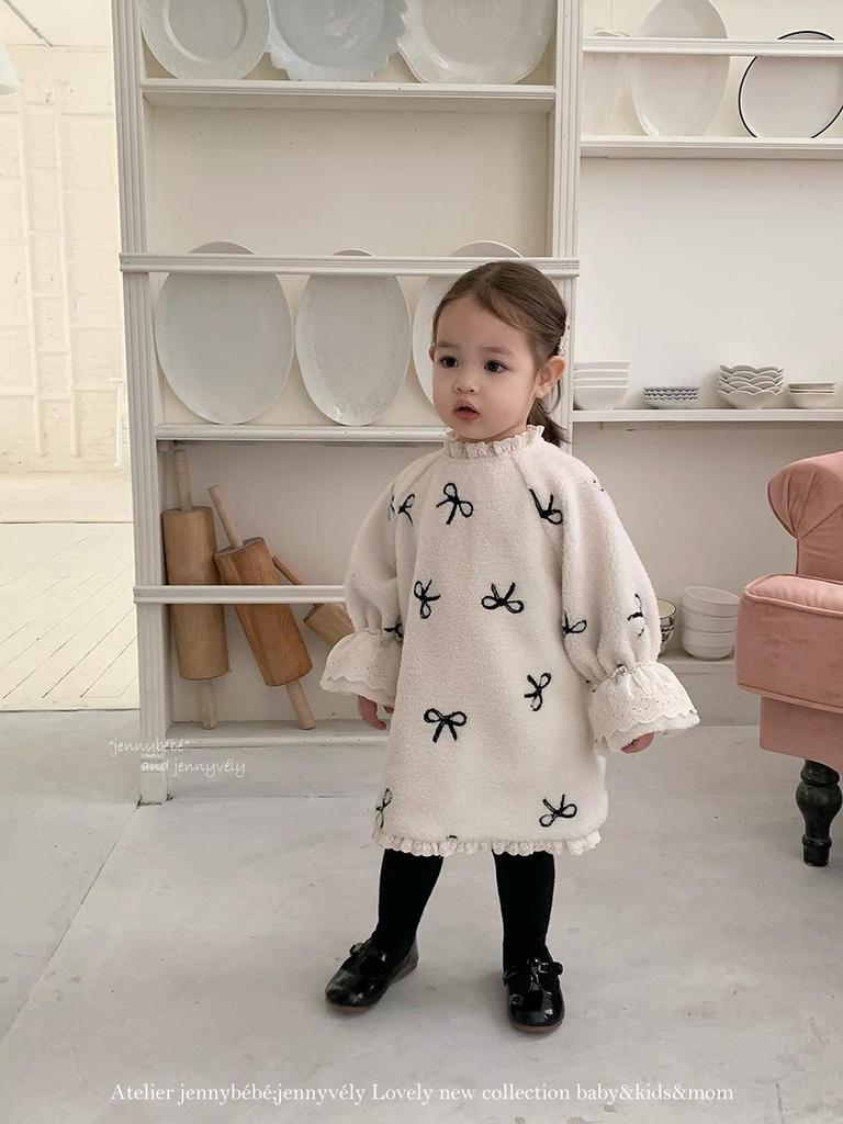 JennyBebe Korean-Style Lamb Wool Winter Dress for Baby Girls with Bow