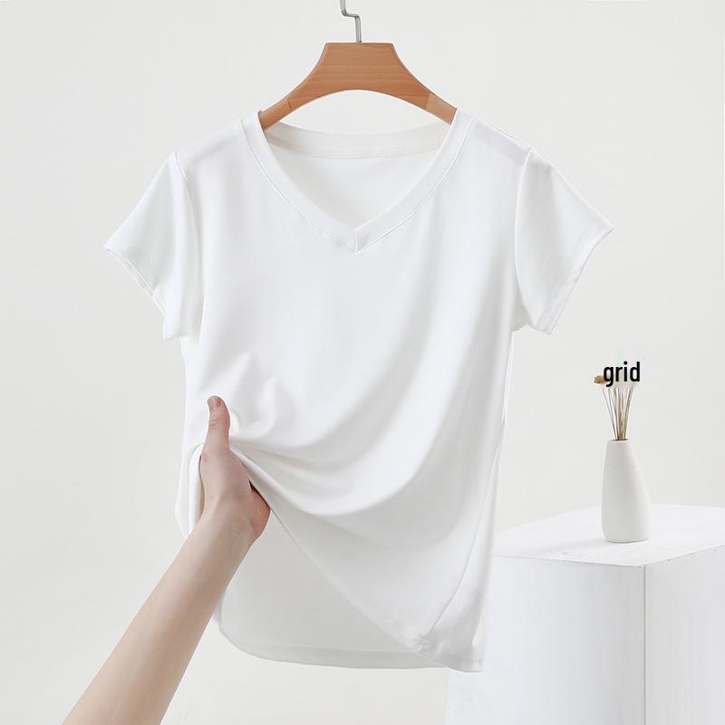 

Женская летняя приталенная однотонная футболка с V-образным вырезом и коротким рукавом - Повседневная, универсальная и стильная XL (60-70 kg)
