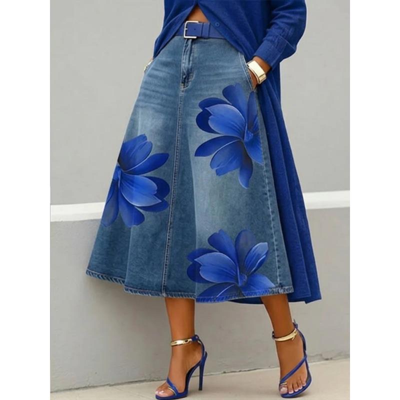 Dames Casual Mode Imitatie Denim Bloemenprint Midi Halve Rok