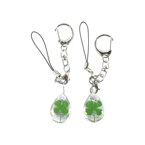 [Happy Patch] Four Leaf Keychain Strap Set of 2 Drop Shape Real Four Leaf Clover Happiness Luck YK-105
