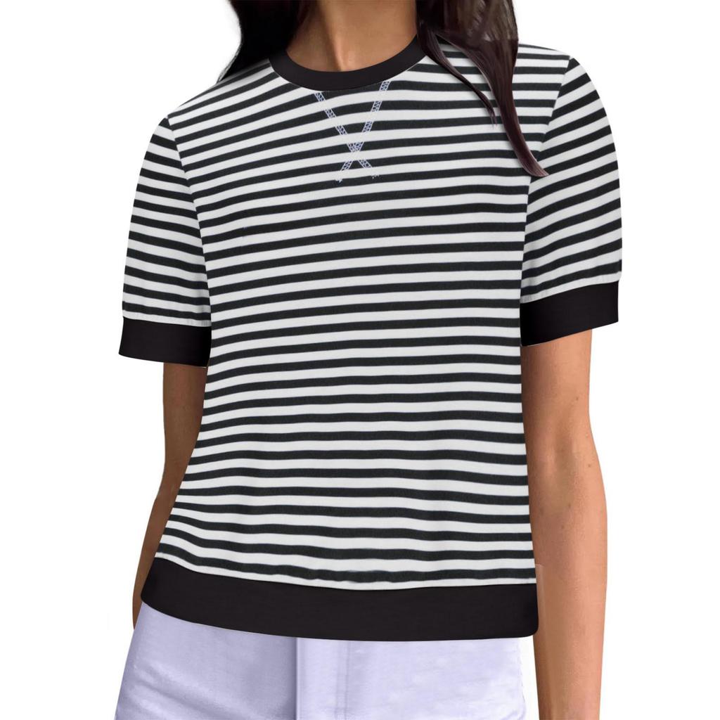 Women's Summer Striped Print Short Sleeve Round Neck T-Shirt Clothes Sale