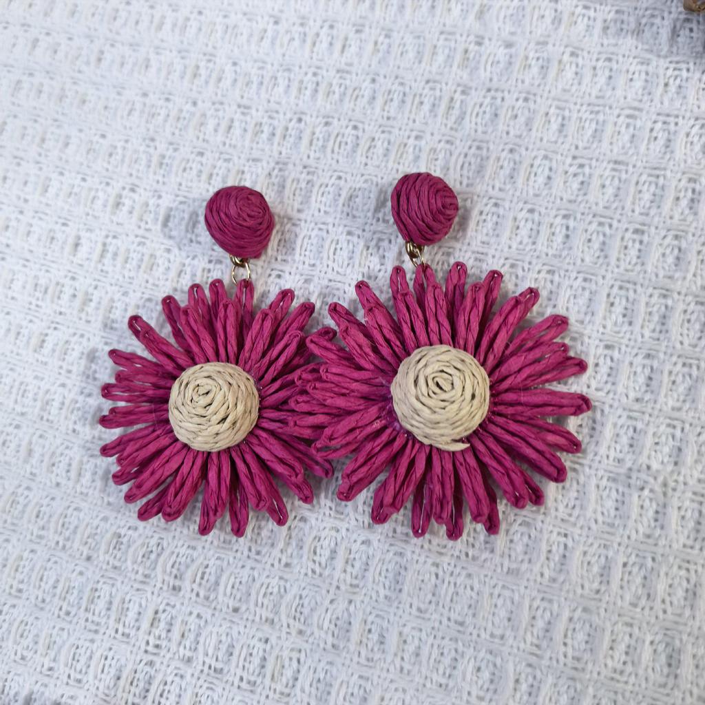 Handmade Raffia Flower Earrings with Steel Posts - Niche European & American Fashion Accessory