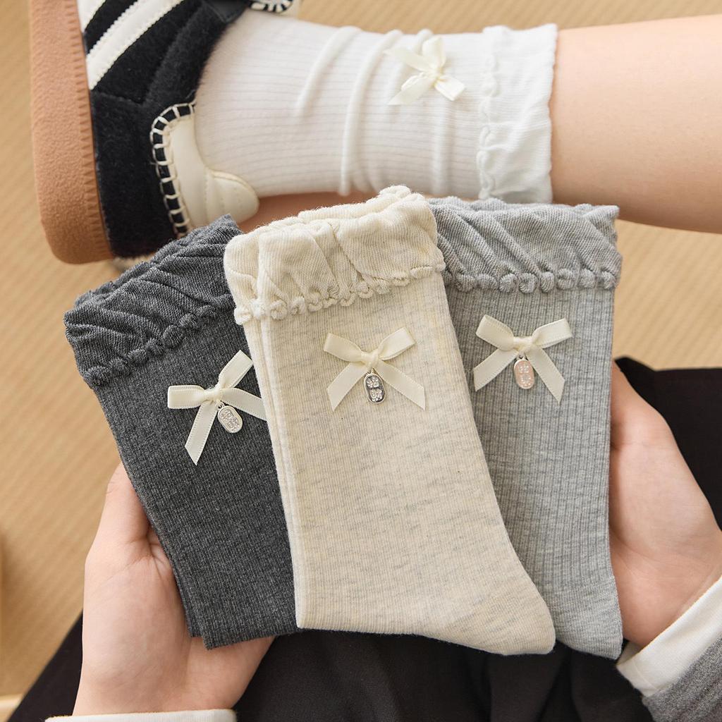 Bow Lace Cartoon Pile Off-White Mid-Calf Socks - Autumn Trendy Accessories for Kids