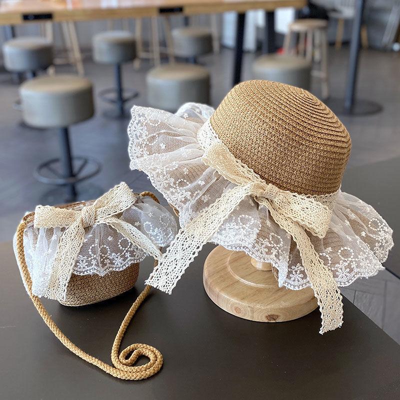 Summer Girl Princess 2pcs a Sets Sun Hat +bags Child Baby Casual Beach Butterfly Panama Caps for Holiday Party