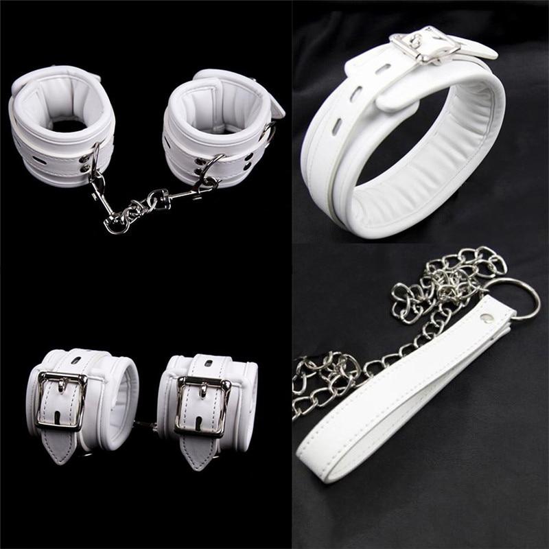PU Leather Sponge Padded White Hands Cuffs /Ankle Cuffs / Neck Collar With Leash Bondage Restraints Accessories Sex Toys