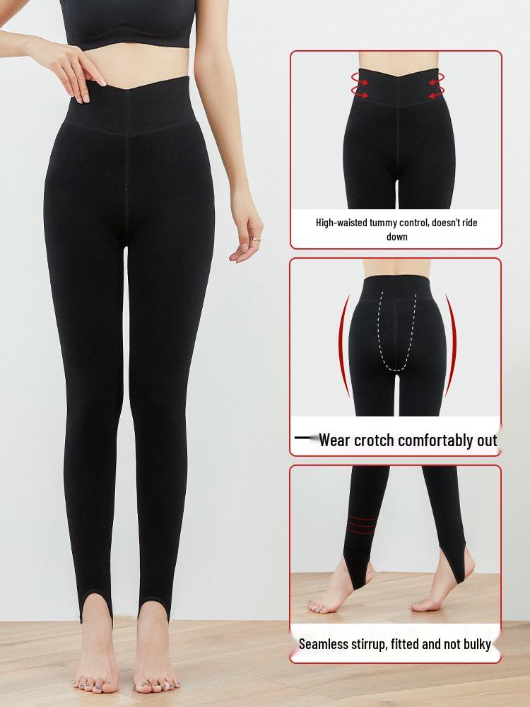 Plus Size Women's High Waist Fleece-Lined Silk Cotton Stirrup Leggings for Winter