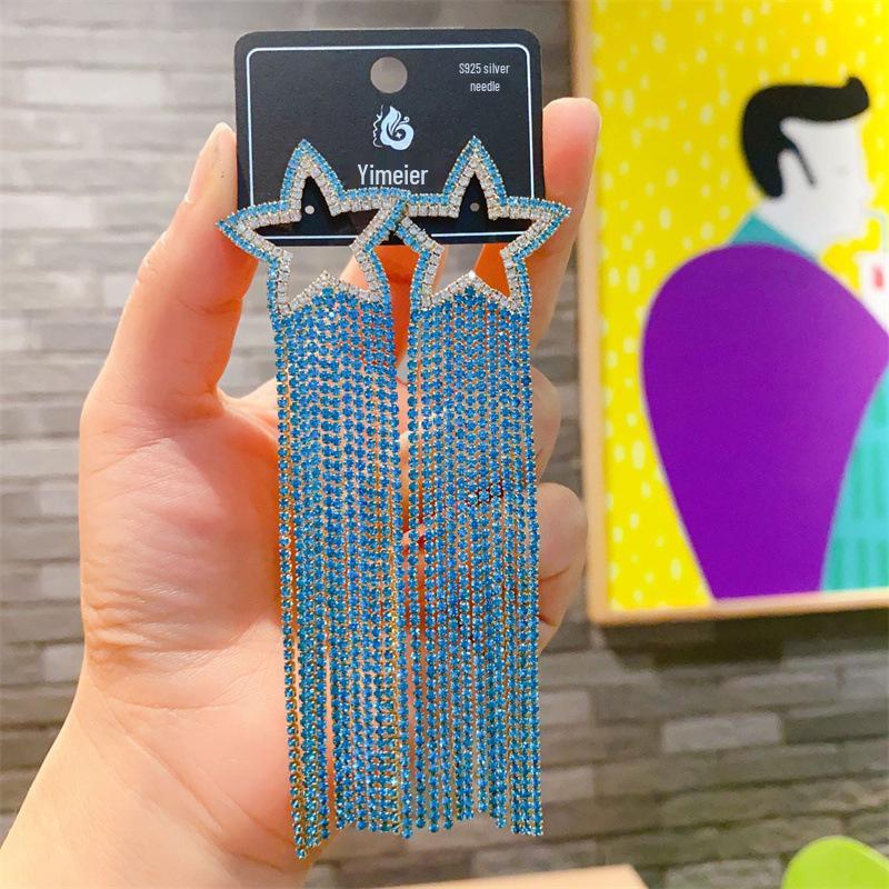 S925 Silver Needle Rhinestone Tassel Earrings - Exquisite Long Claw Chain with Colored Diamonds, European & American Style