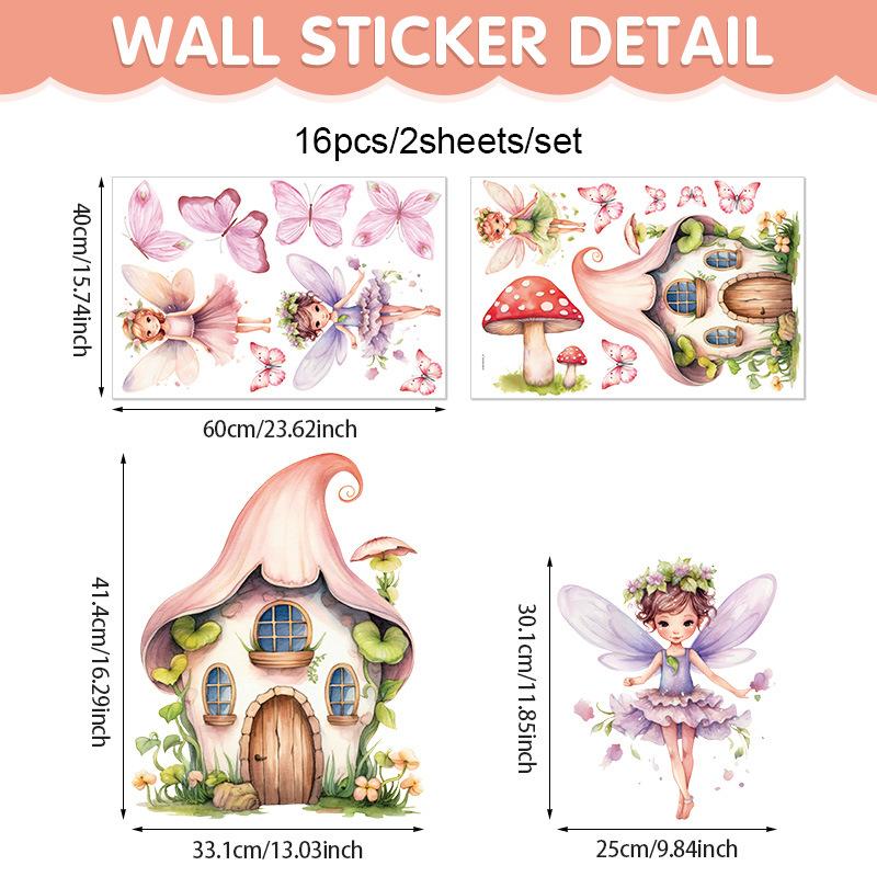 Cute Mushroom Fairy Wall Sticker for Kids Room Girls Bedroom, Watercolor Butterfly Floral Wall Decal, Fairy Tale Nature Wall Art Decor for Nursery