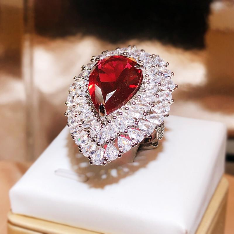 Elegant Generous Pigeon Blood Drops Full Diamond Ring Female  Silver Temperament Red Diamond Ring Party Wedding Birthday Gift