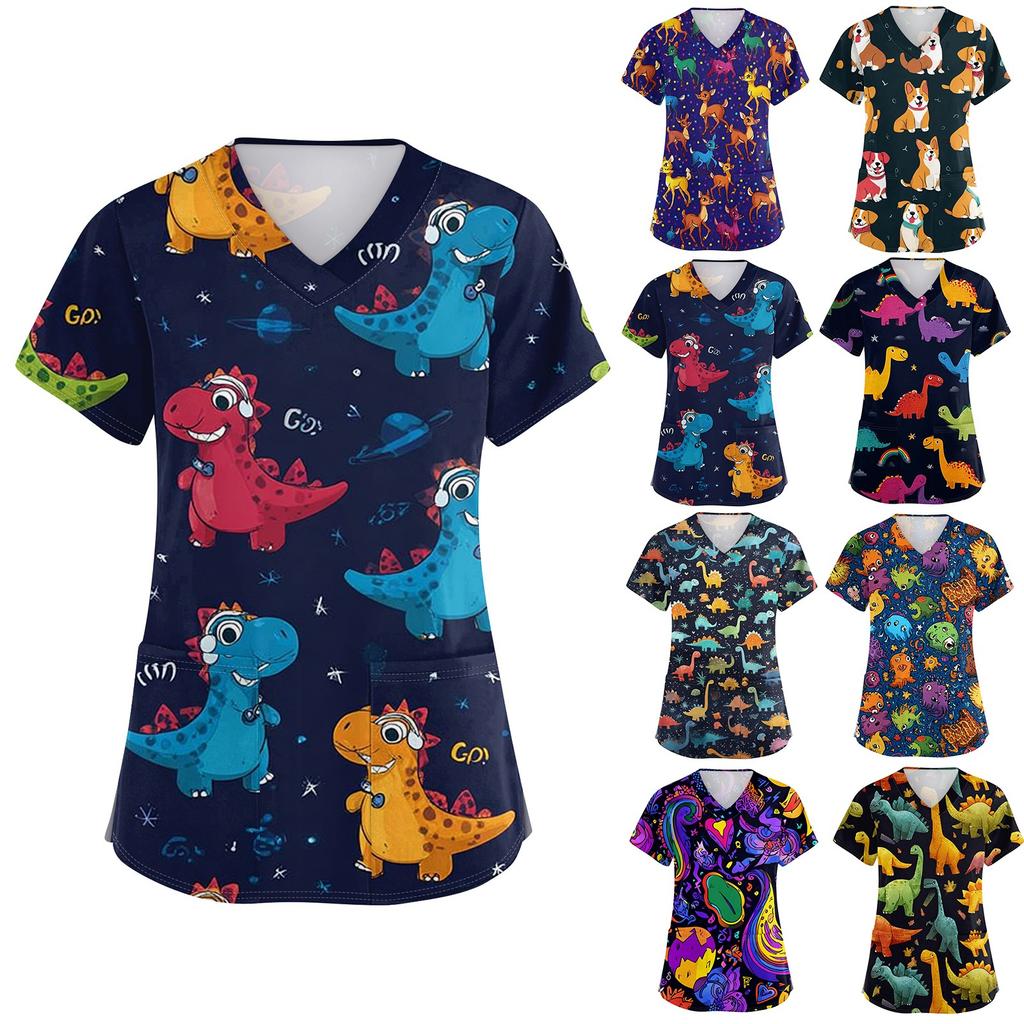 Dámské pracovní oblečení s výstřihem do V a krátkým rukávem s potiskem, s bočními kapsami s rozparky a uniformy