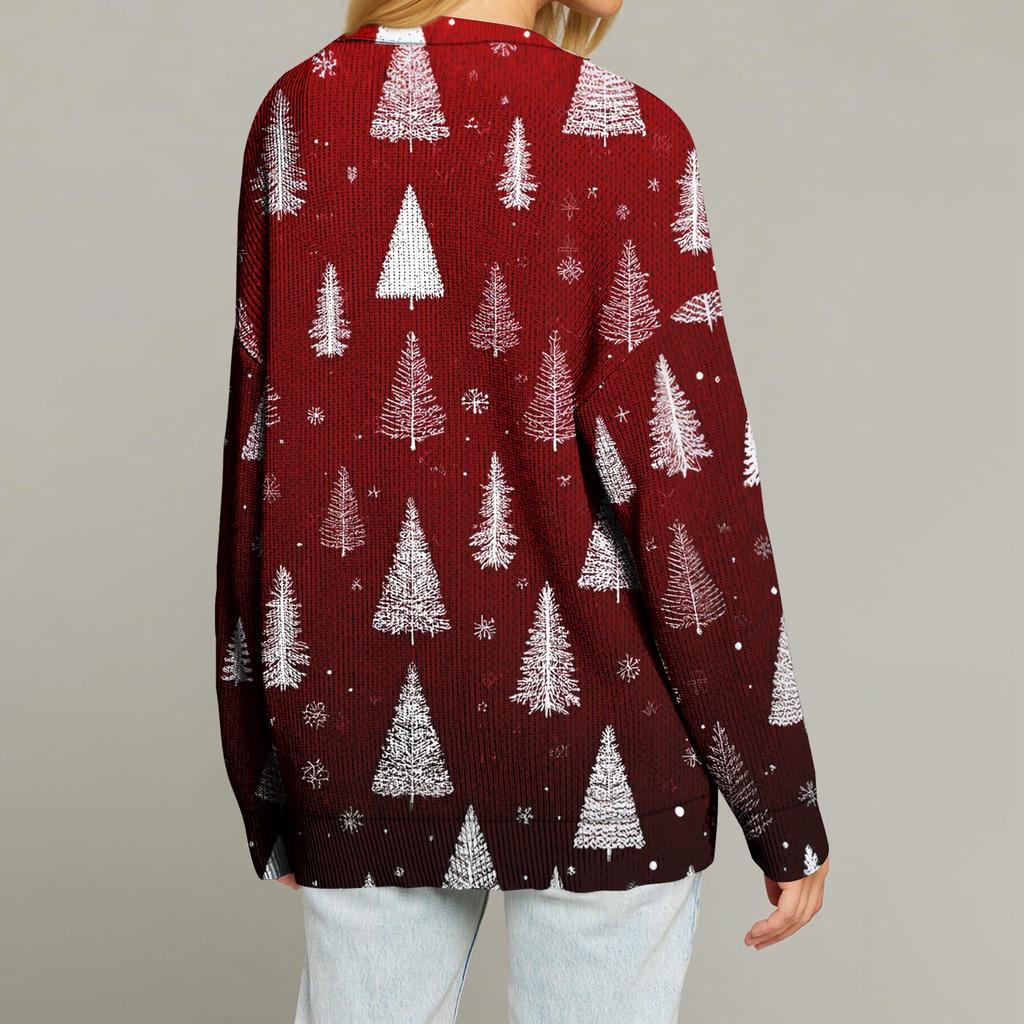 Damenmode Langarm Weihnachtsdruck V-Ausschnitt Knopf Lockerer Cardigan Top