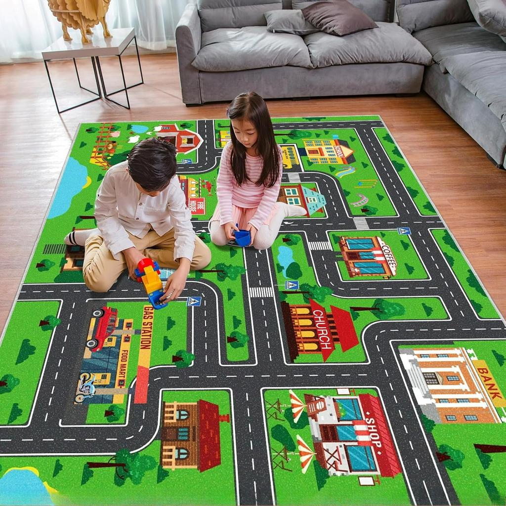 Baby Crawling Play Mat Car Play Mat for Boys and Girls Highway City Traffic-Themed Rugs for Kids Toy Cars Kids Rugs for Playroom