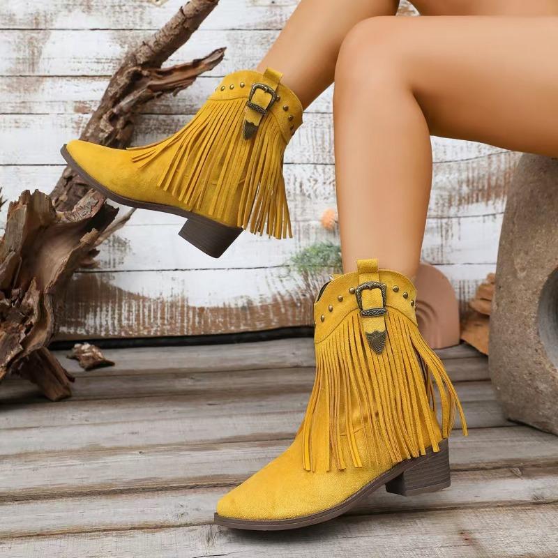 Fashion New Studed Metal Buckle Block Heel Single Boots Women's Fashion Pointed Toe Suede Tassel Boots