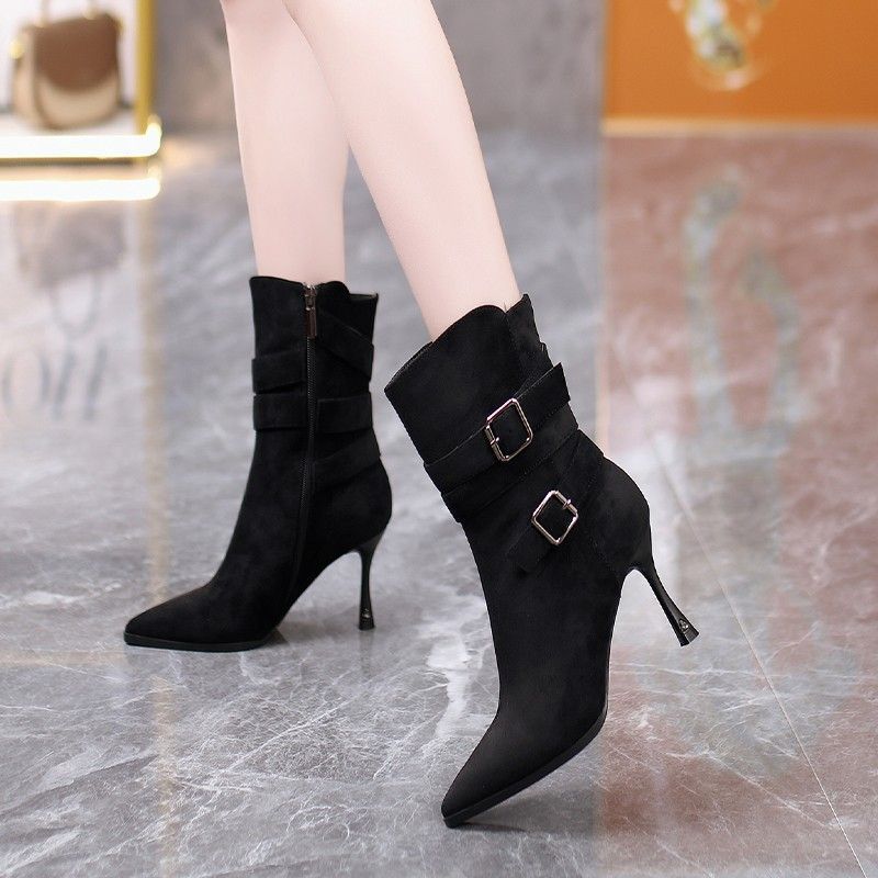 Retro pointed short boots femininity metal fashion boots 2025 autumn and winter new high-heeled thin boots thin-heeled bare boots