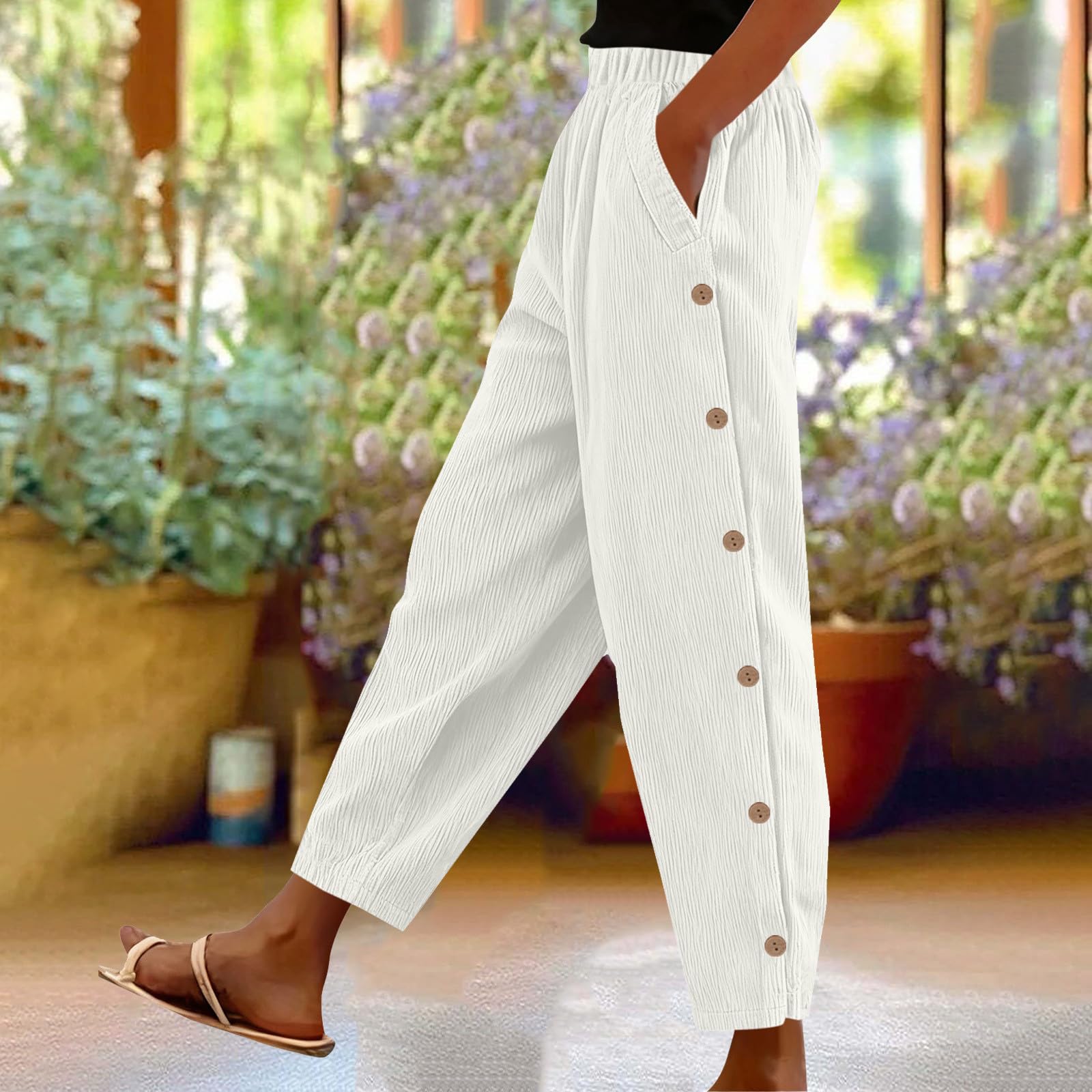 

Women s Casual Fashion Solid-Color Drawstring Loose Straight-Leg Pants With Pockets XL білий