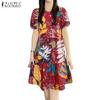 ZANZEA Women Summer Round Neck Short Sleeve Printing Loose Casual Dress