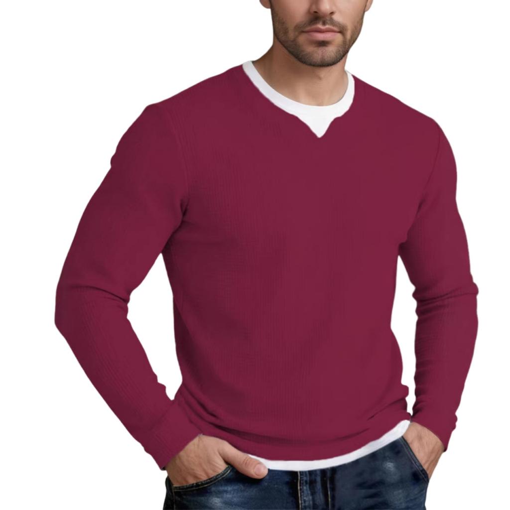 Men's Knit Fake Two-piece Double Collar Long Sleeve T-shirts, Casual Versatile Tops