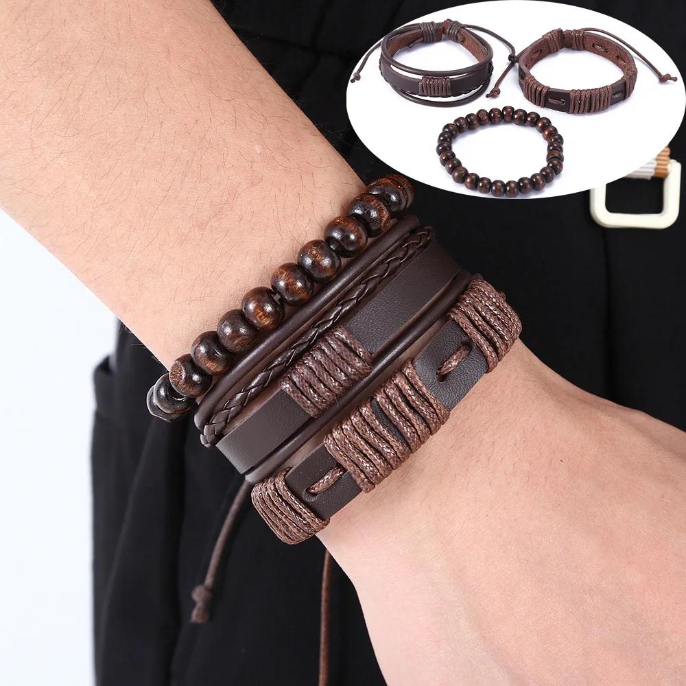3-4Pcs Vintage Leather Bracelet Set For Men Tree of Life Charm Black Woven Rope Beads Chain Wrap Bangle Women Handmade Jewelry