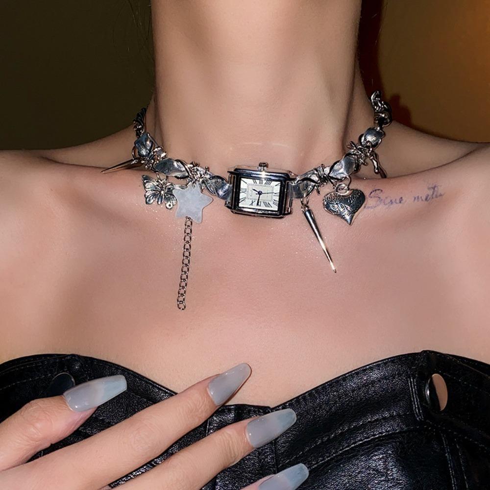 Heart Watches Pedant Choker Cross Y2K Tassel Necklace Fashion Gothic Rivet Necklace  Ladies