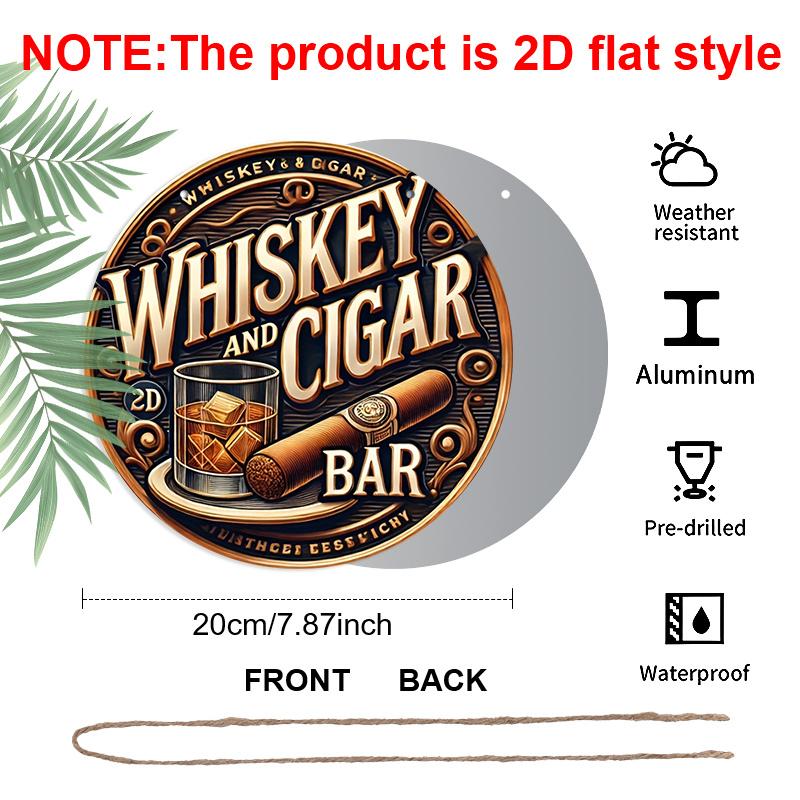 2D Flat, 1pc Round Aluminum Sign, "Whiskey and Cigar Bar" Vintage Design, Whiskey Glass & Cigar Metal Wall Art, Ideal for Man Cave, Bar, Garage, Gift