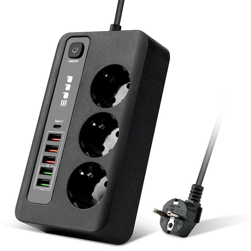 

Подовжувач живлення Розетка розетки змінного струму ЄС Multiprise Подовжувач розумного будинку Електричний адаптер 3-позиційний TYPE-C Зарядка через USB 2 meters чорний