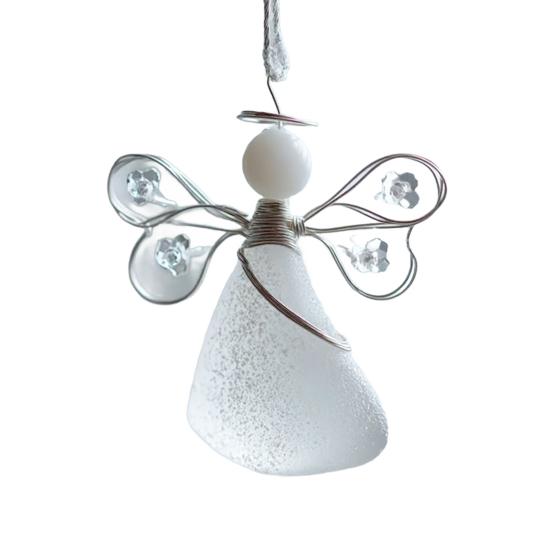 Handmade Sea Glass Angel Ornament Coastal Christmas Sea Glass Art Keepsake Wire-Wrapped Angel Christmas Tree Decoration for Holiday Home Decor