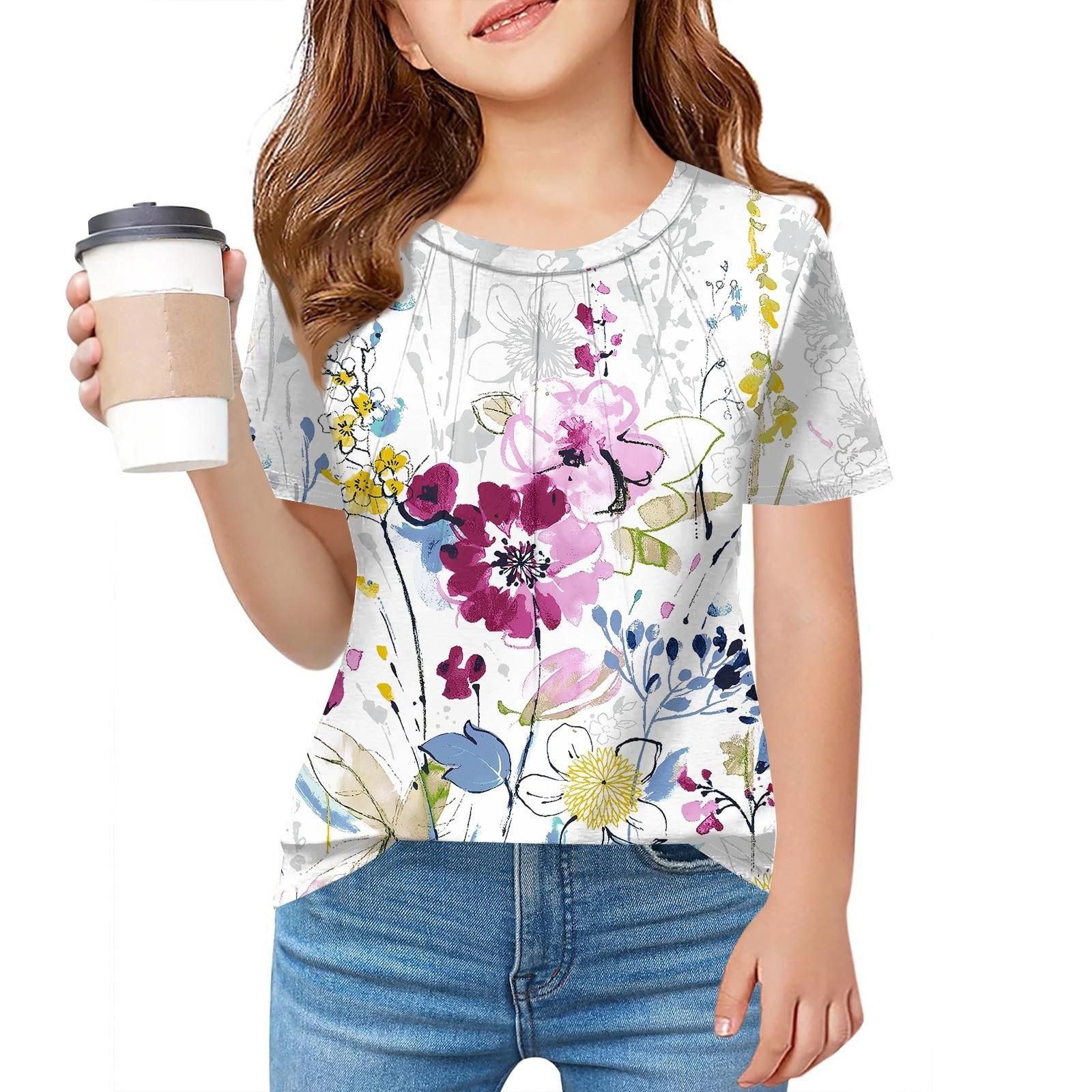 

Детская футболка Fold A для девочек, летняя модная куртка с круглым воротником и цветочным принтом с короткими рукавами 160 белый