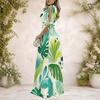 Women Plus Size V Neck Cold Shoulder Short Sleeve Tie Cuff Printed A Line Maxi Dress