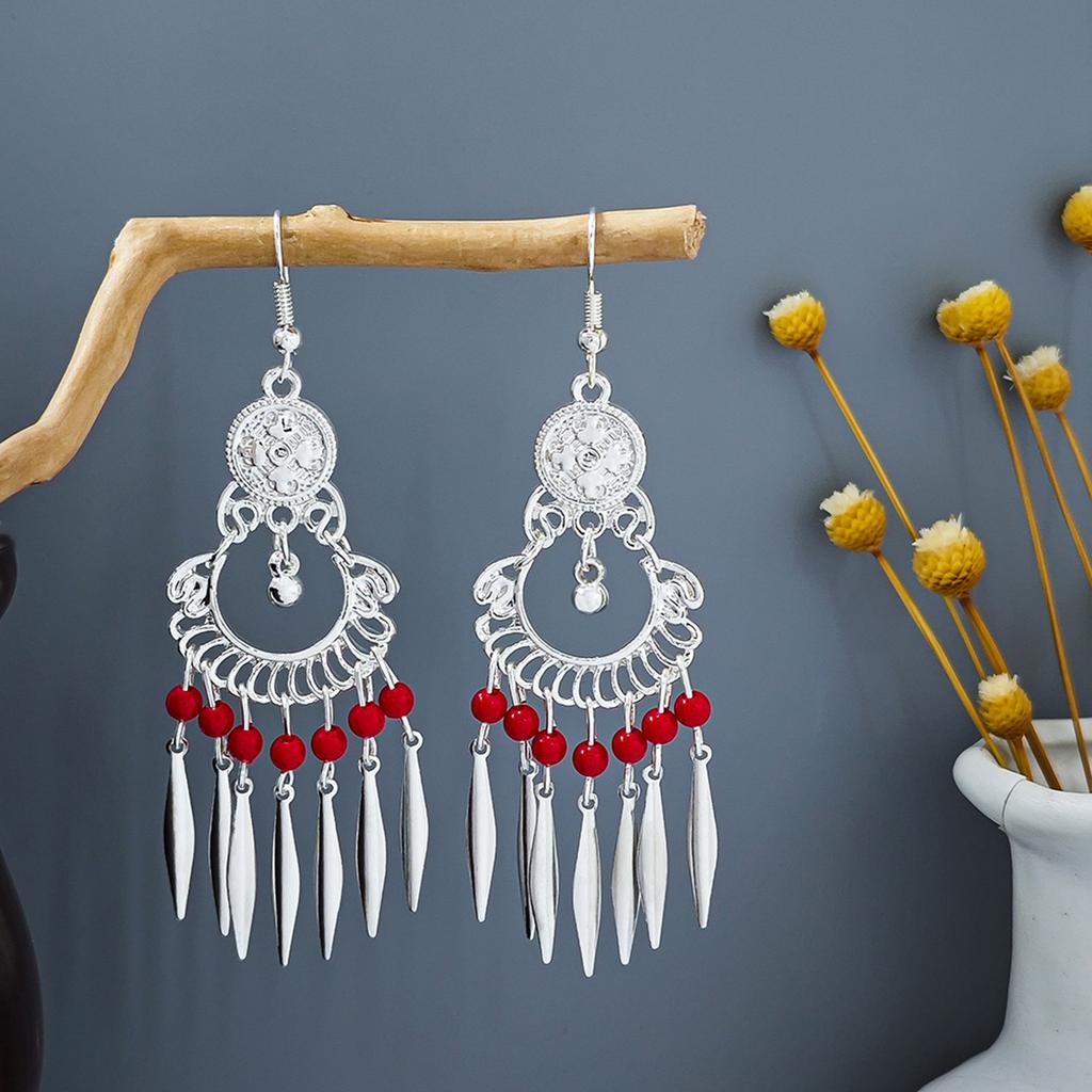 Ethnic Style Miao Silver Fringed Earrings, Bohemian Turquoise Fringed Earrings, Minority Tourist Attractions Earrings