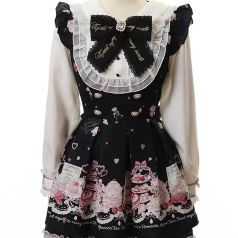 Japanese Y2 Aesthetics Vintage Bow Dress Shorts Set Women Gothic Lolita Style Long Sleeve Shirt Dress Elegant Party Dress Suits