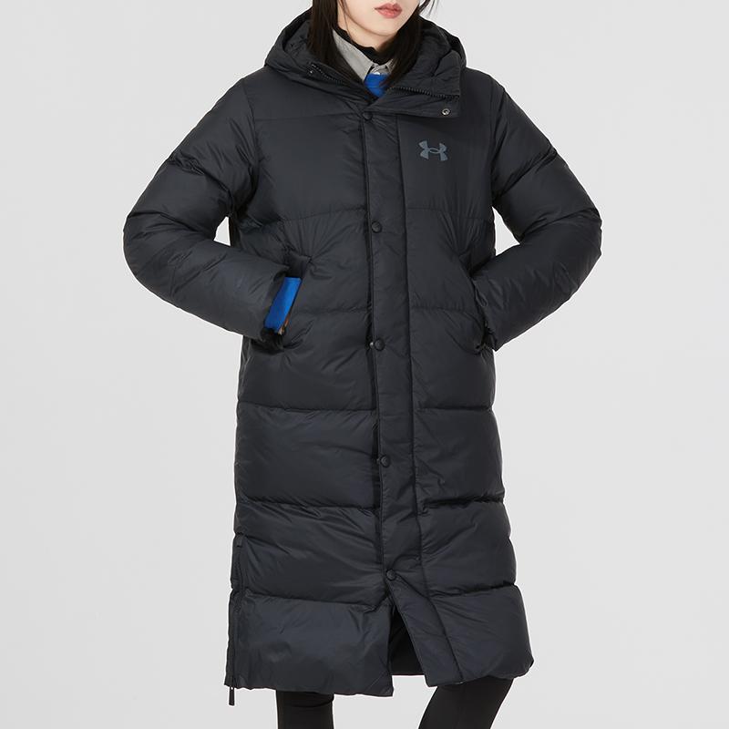 Under Armour Solid Logo Sports Casual Long Hooded Down Jacket Women Outerwear Black 1375454-001