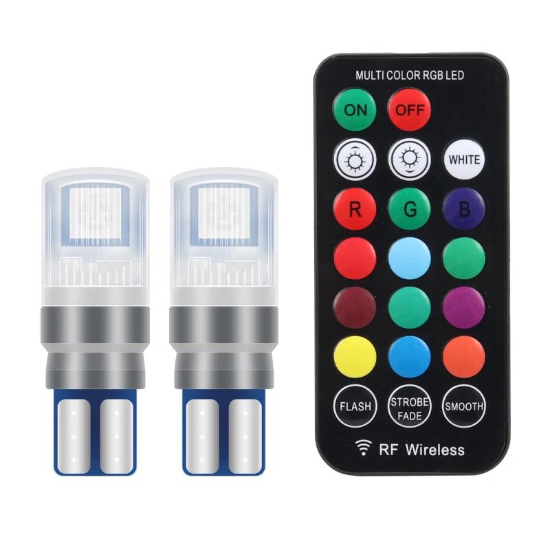 2Pcs/Set RGB LED T10 W5W Bulbs With Remote Control W5W Led 194 168 Car Reading Dome Light Car Wedge Lamp License Plate Lights Bulbs 7