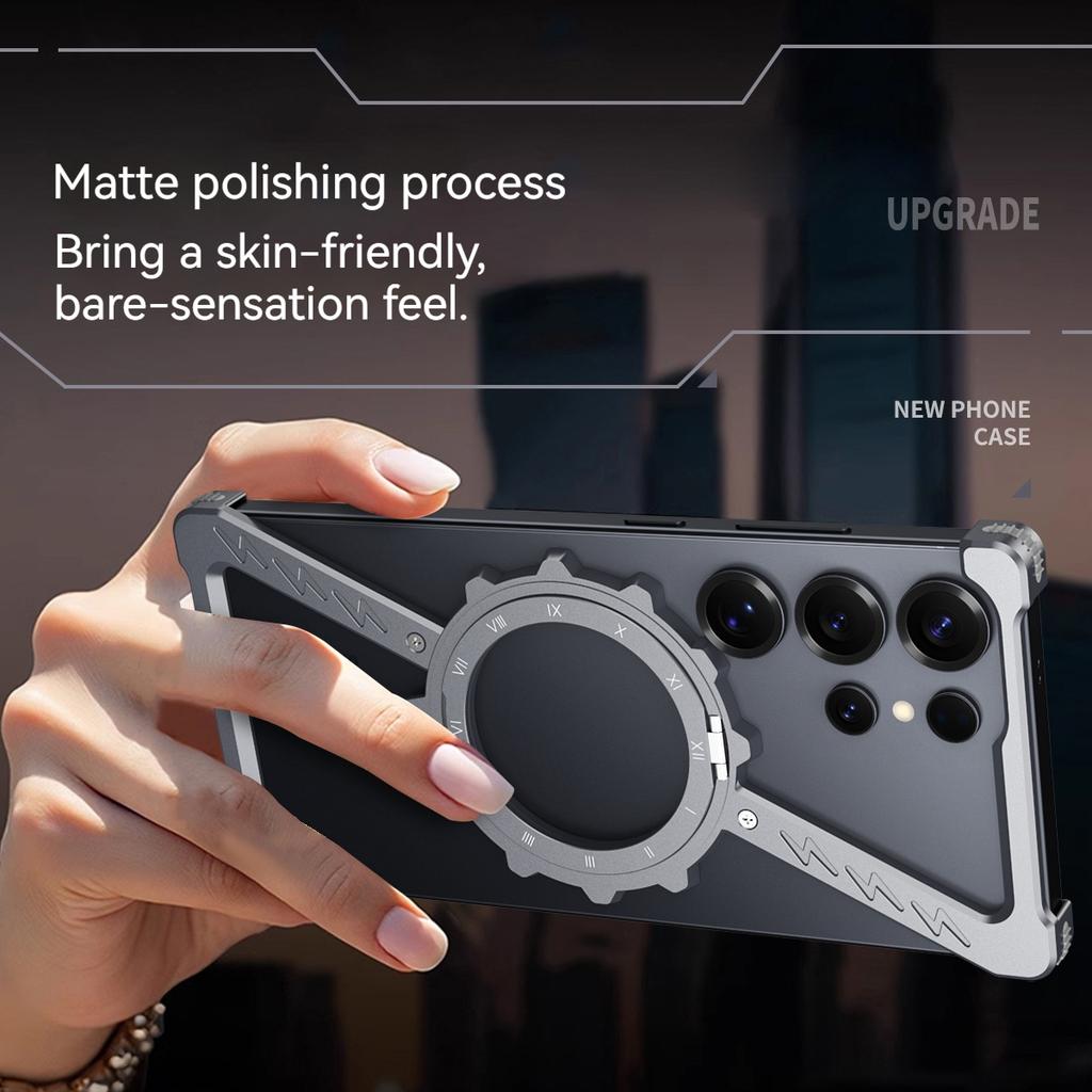 Geformter Aluminium-Metallrahmen Randloses Wärmeableitung Handyhülle, für Samsung S26 S25 Ultra Rotierender Ständer Stoßfänger