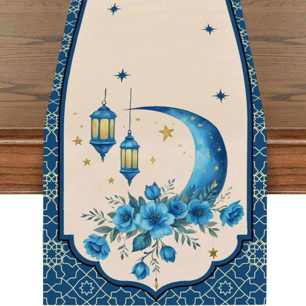 

Golden Lantern Ramadan Table Runner White Moon Star Polyester Eid Mubarak Tablecloth Eid Al Fitr Dining Table Decoration