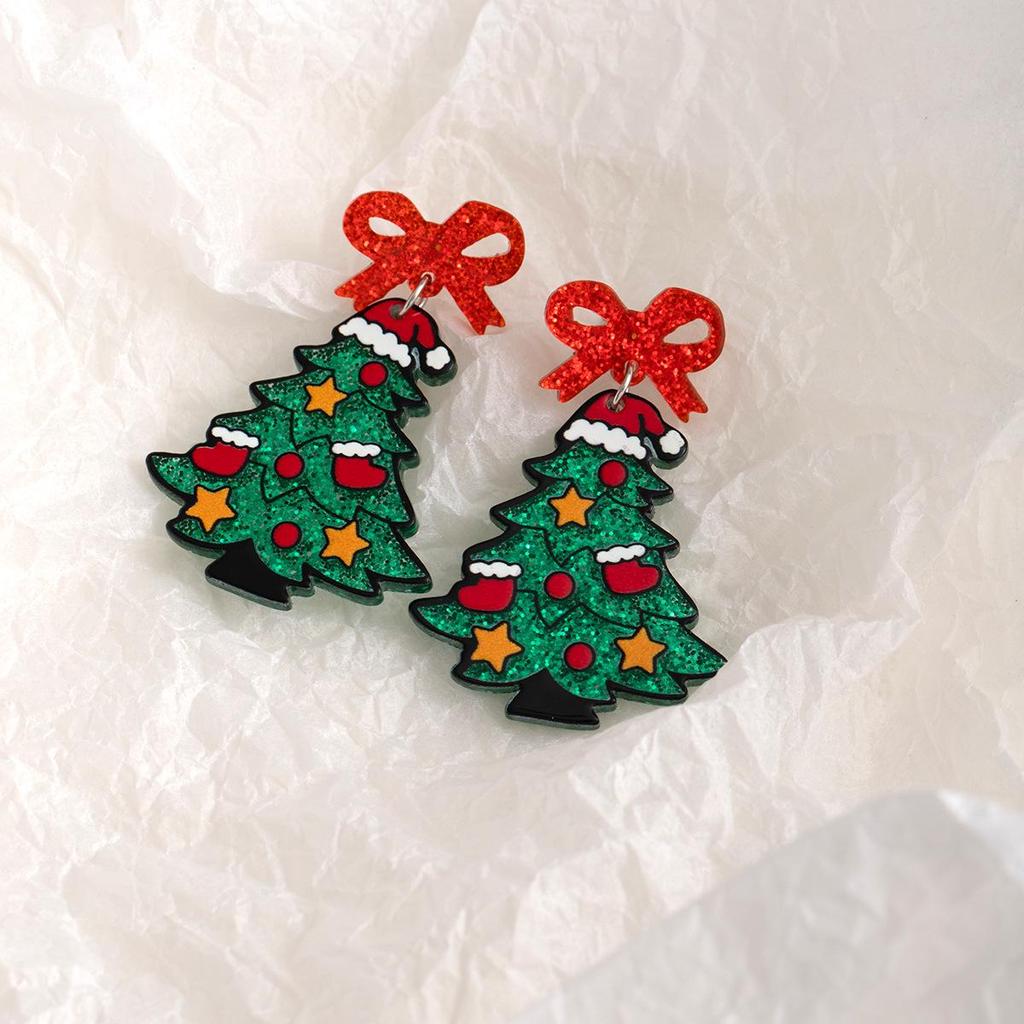 Colorful Christmas Tree Earrings with Bowknot - Cute and Creative Acrylic Studs