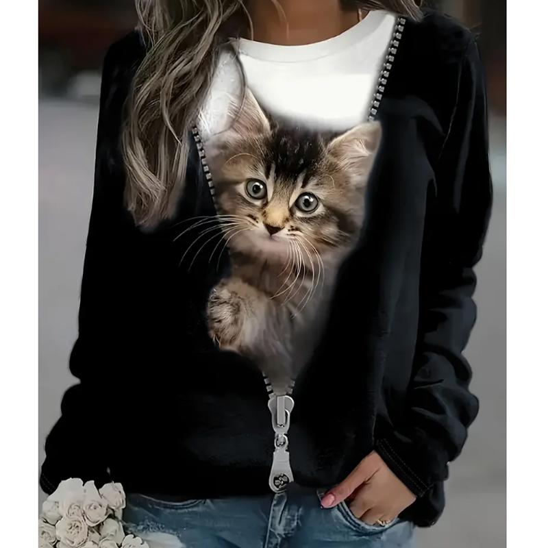 

2025 Autumn & Winter Women s New Casual Crew Neck Long Sleeve Top 3D Cat Pattern 8XL белый